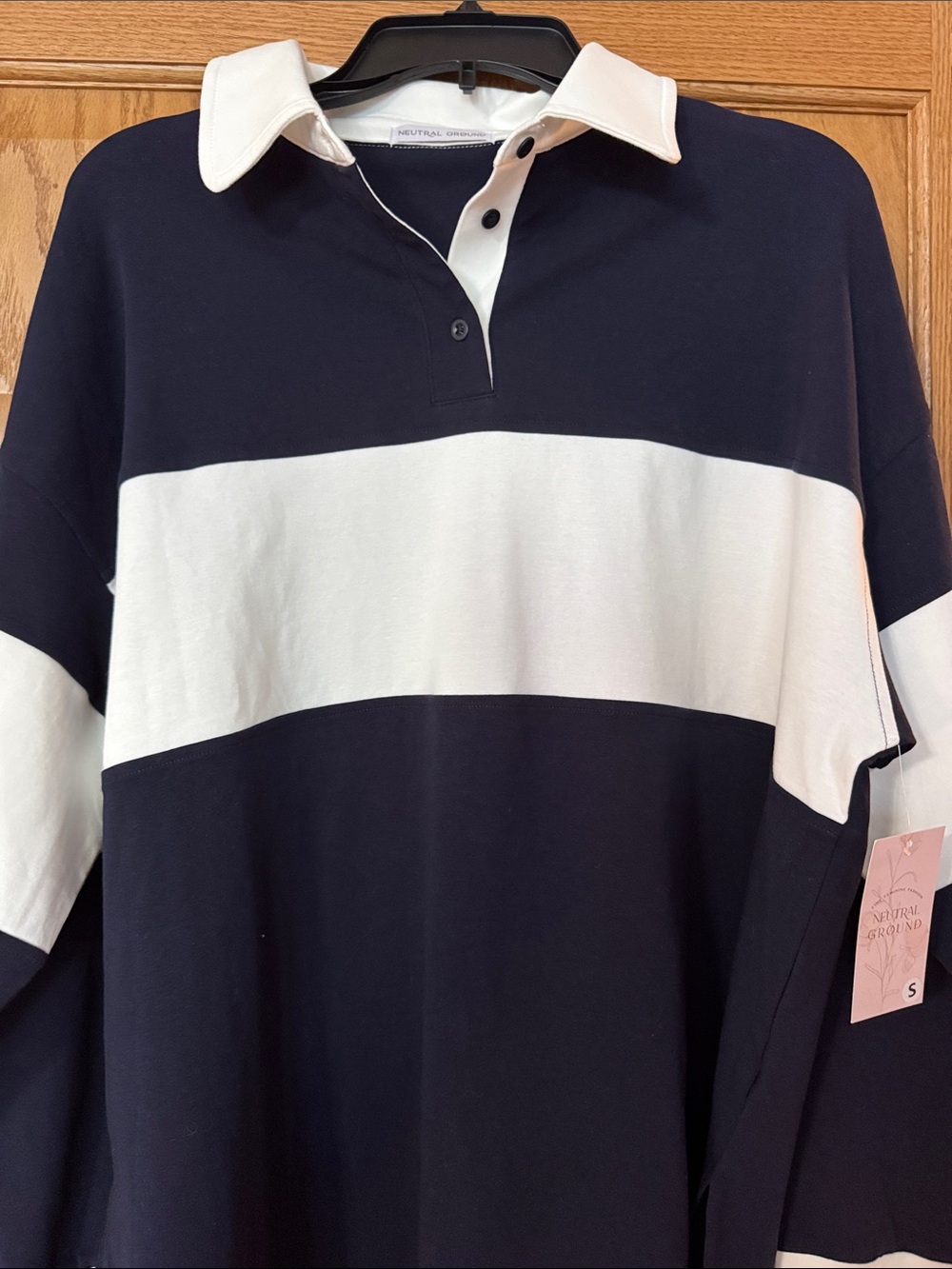 Neutral Ground Navy & White Rugby Stripe Polo Top